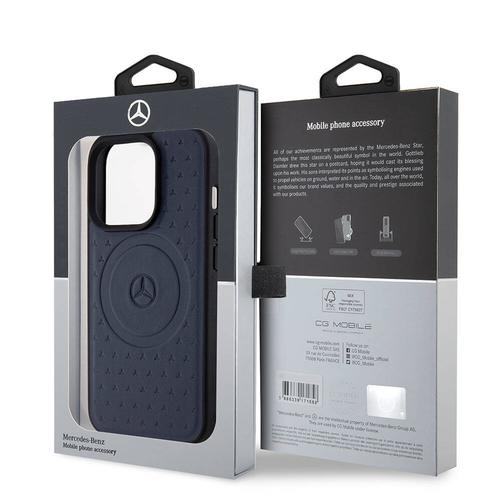 Mercedes Benz iPhone 15 Pro Orjinal Lisanslı M-safe Şarj Özellikli Mühürlü Yıldız Desenli ve Logolu Deri Kılıf