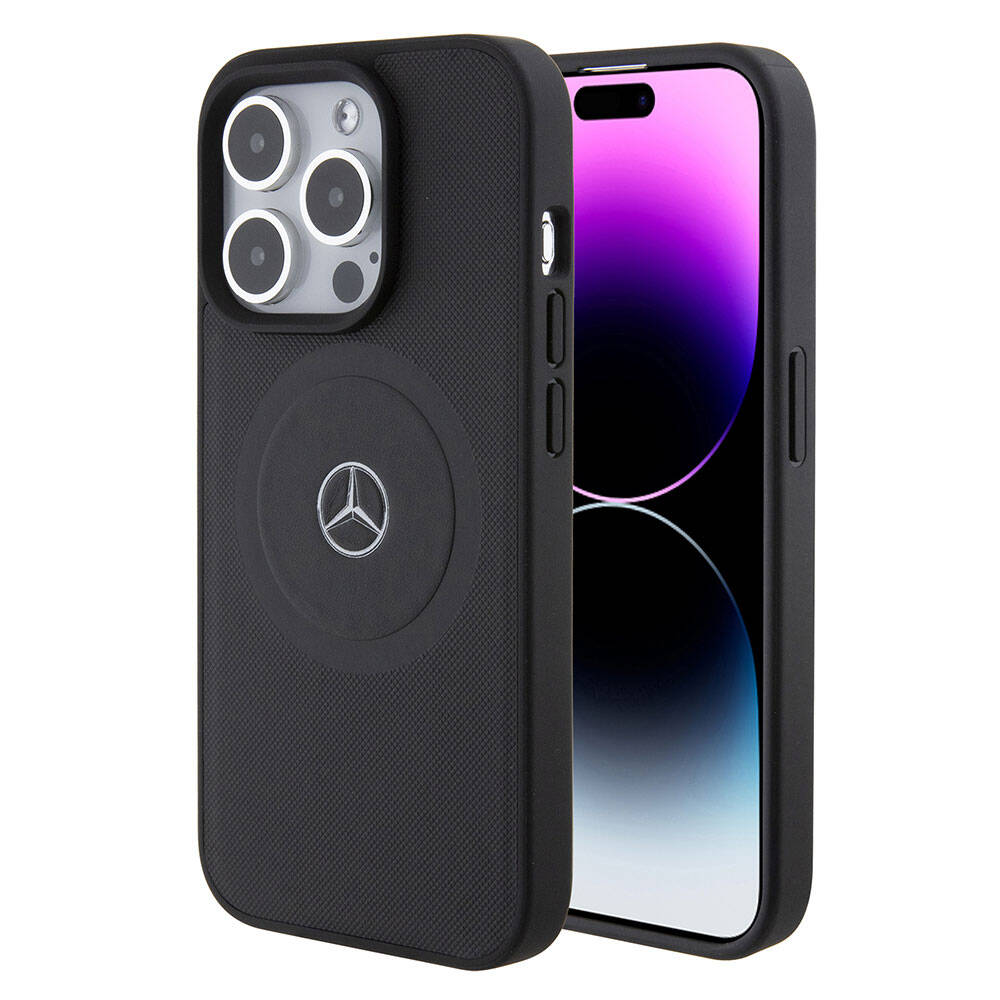 Mercedes Benz iPhone 15 Pro Orjinal Lisanslı M-safe Şarj Özellikli Pike Desenli Baskı Logolu Deri Kılıf