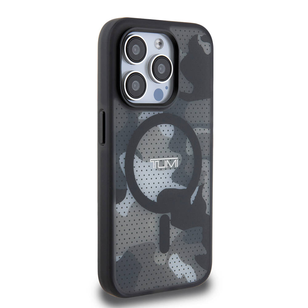 TUMI iPhone 15 Pro Orjinal Lisanslı Buzlanmış Saydam Ağ Kamuflajı Desenli Magsafe Kılıf