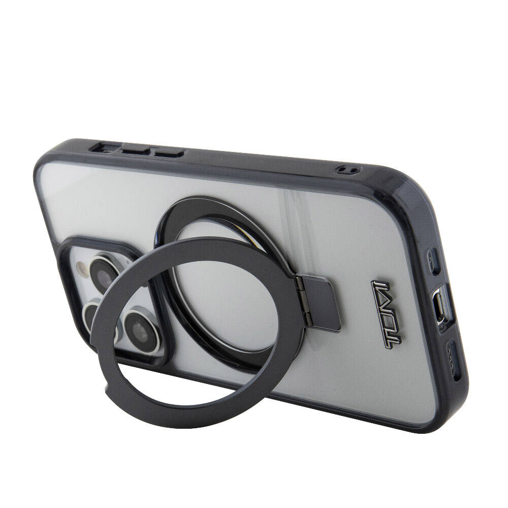 TUMI iPhone 15 Pro Orjinal Lisanslı M-safe Şarj Özellikli Metal Logolu Ring Standlı Silikon Kılıf