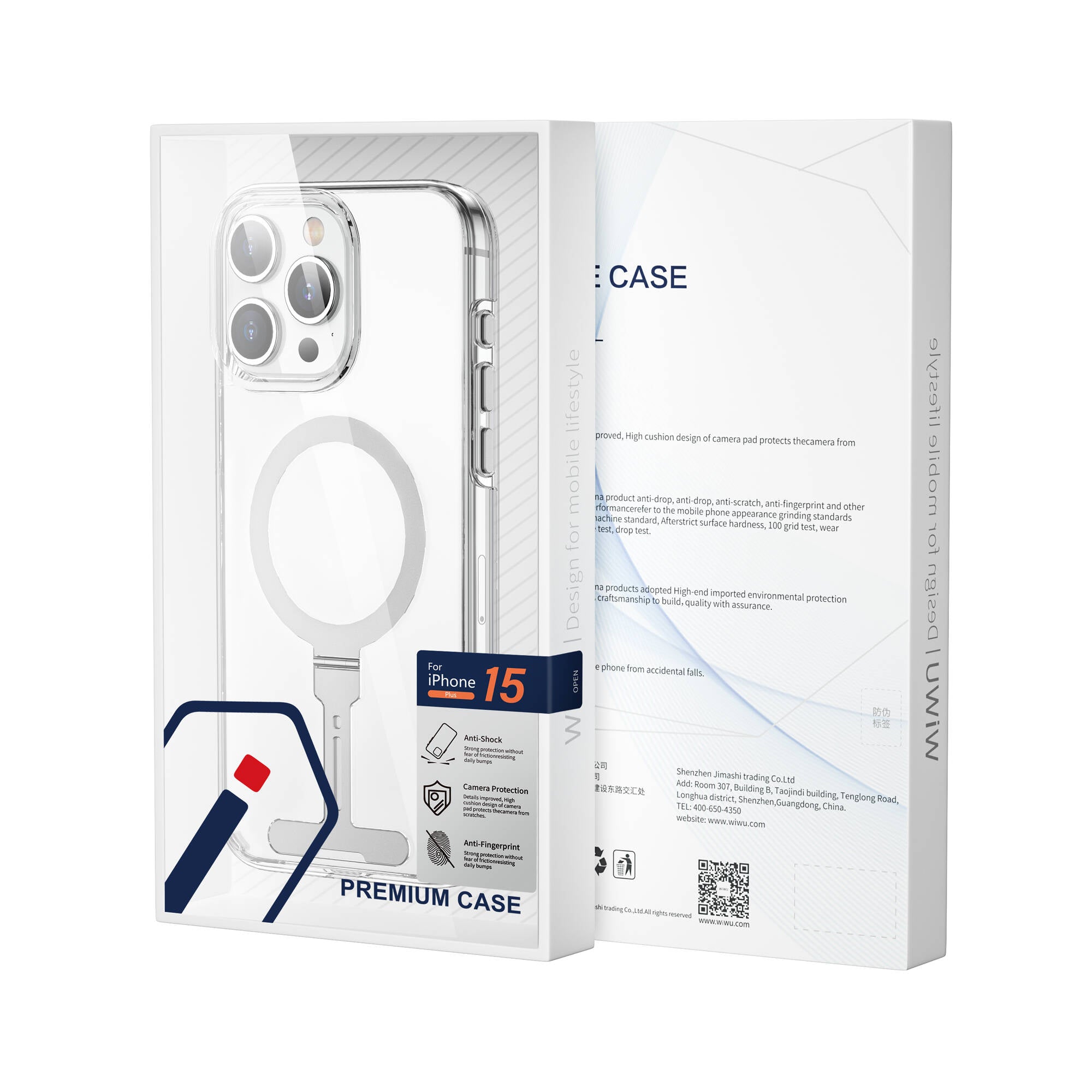 Wiwu FYY-014 iPhone 15 Pro M-safe Şarj Özellikli Alüminyum Alaşım Metal Standlı Şeffaf Kılıf