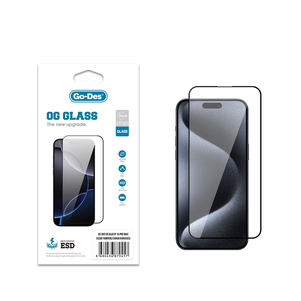 Go Des OG Glass iPhone 15 Pro Max Antistatik Temperli Cam Ekran Koruyucu
