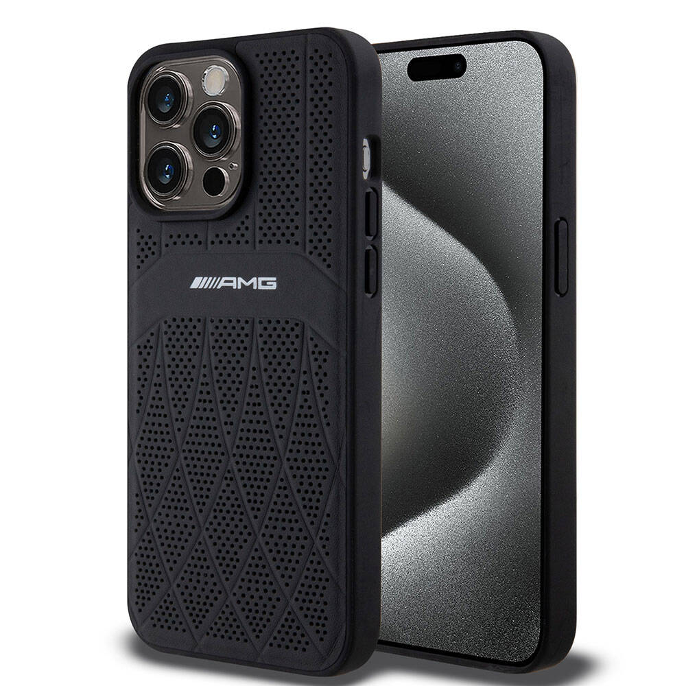 AMG iPhone 15 Pro Max Orjinal Lisanslı M-safe Şarj Özellikli Delikli Deri Kıvrımlı Çizgili Kılıf