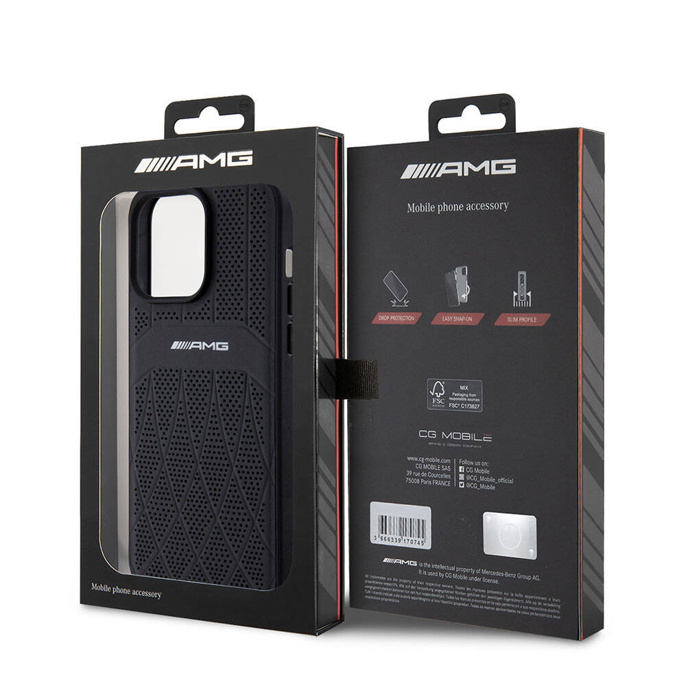 AMG iPhone 15 Pro Max Orjinal Lisanslı M-safe Şarj Özellikli Delikli Deri Kıvrımlı Çizgili Kılıf