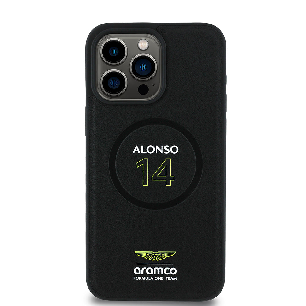 Apple iPhone 15 Pro Max Aston Martin Orjinal Lisanslı M-safe Şarj Özellikli PU Deri Alonso 14 Baskılı Kılıf