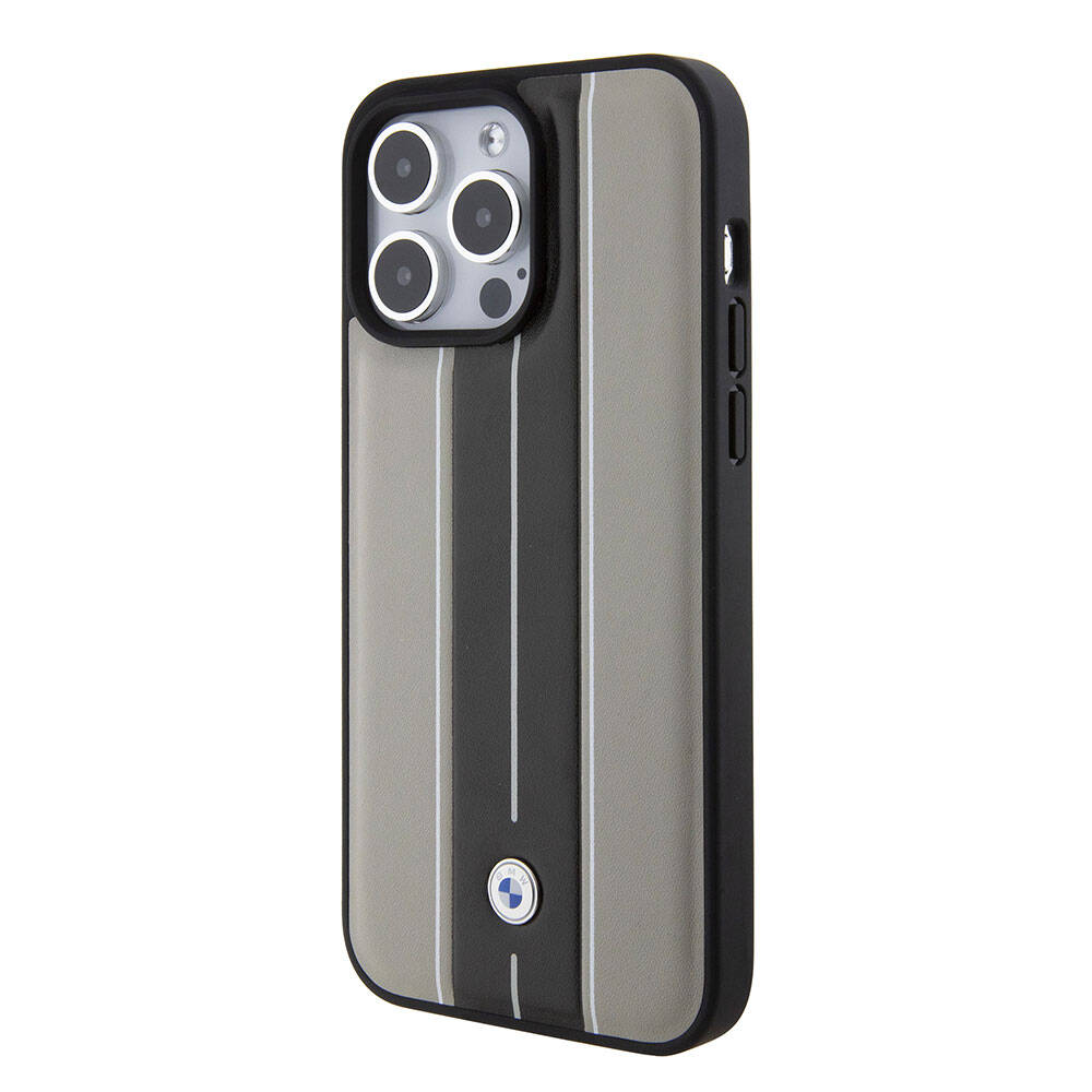 BMW iPhone 15 Pro Orjinal Lisanslı Deri Arka Yüzey Metal Logolu Çift Şerit Tasarımlı Kılıf