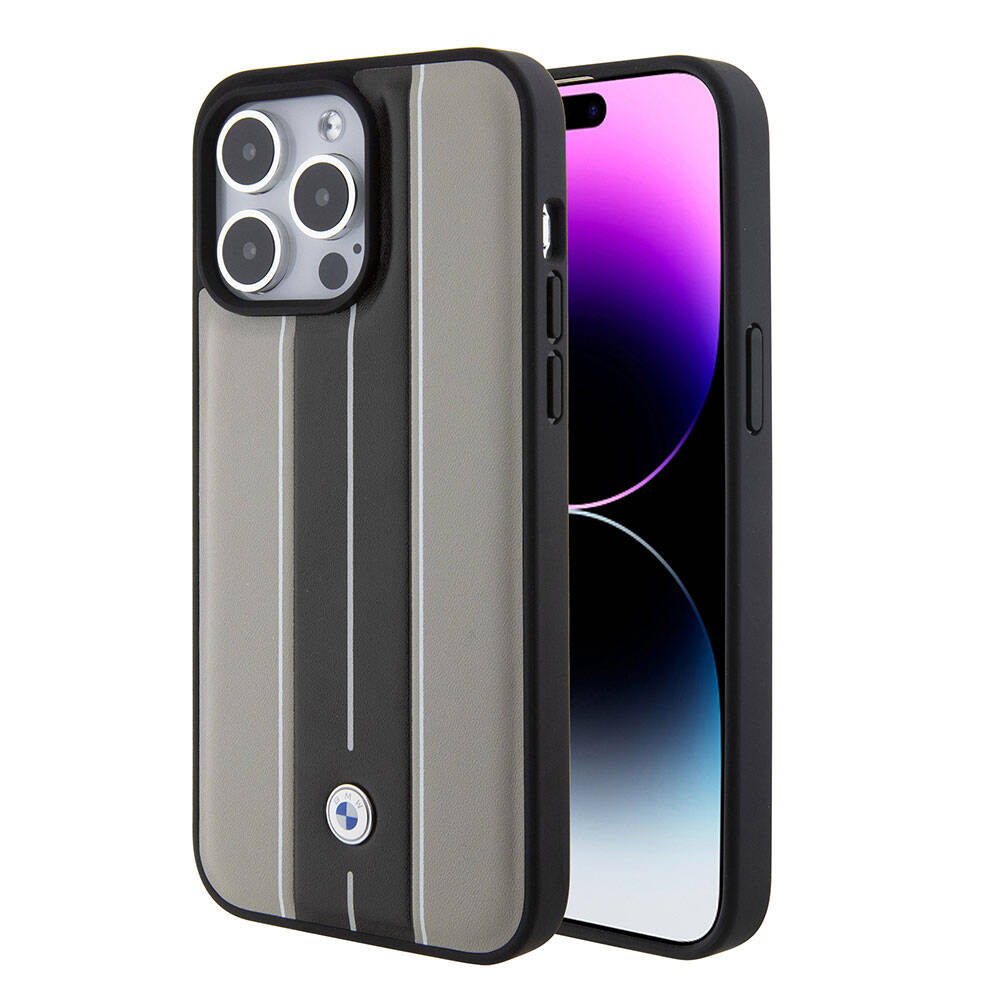 BMW iPhone 15 Pro Max Orjinal Lisanslı Deri Arka Yüzey Metal Logolu Çift Şerit Tasarımlı Telefon Kılıfı - 1