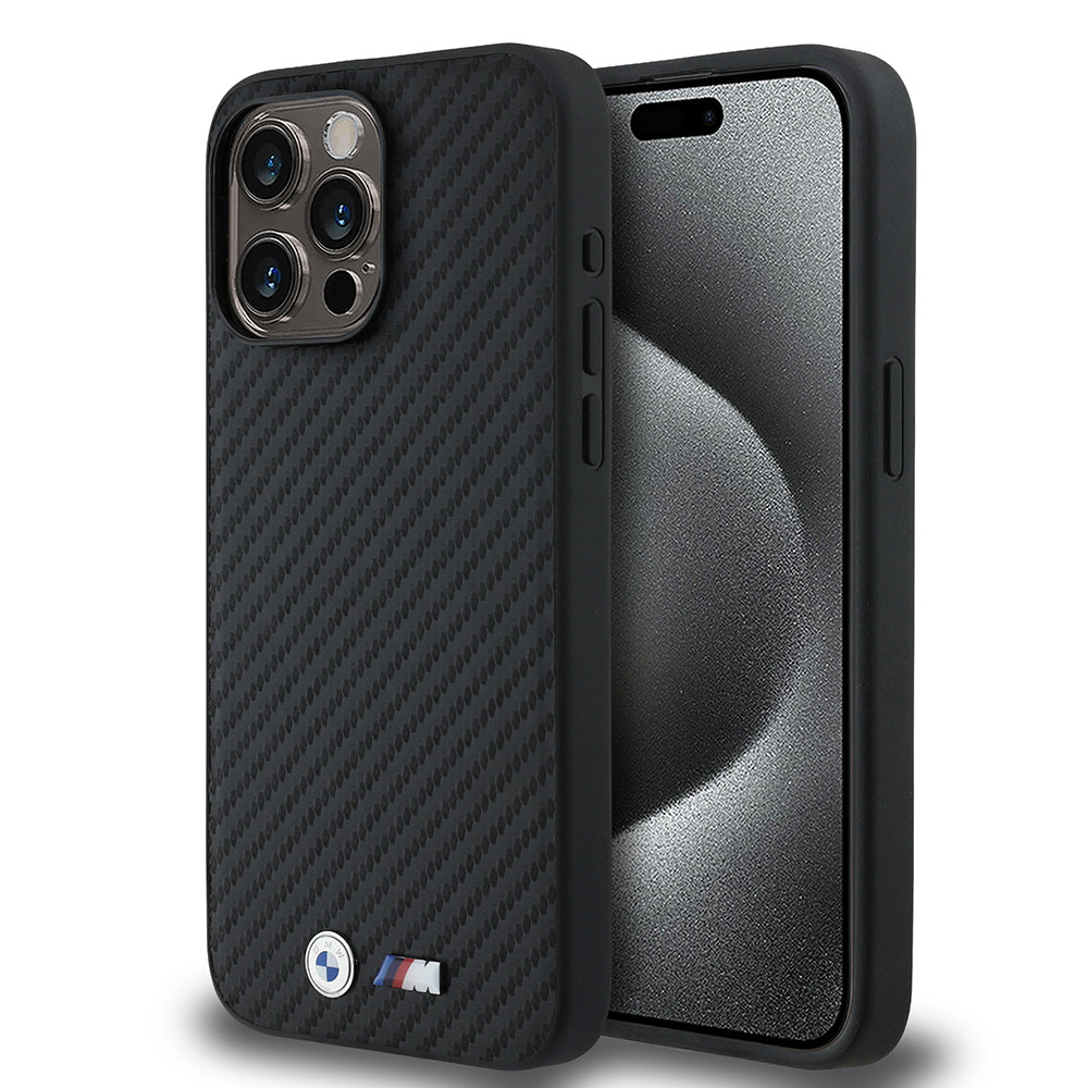 BMW iPhone 15 Pro Max Orjinal Lisanslı Karbon Fiber Tasarımlı ve Metal Logolu PU Deri Telefon Kılıfı