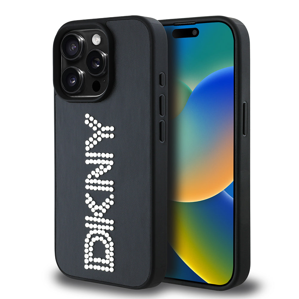 DKNY iPhone 15 Pro Max Orjinal Lisanslı Taşlı DKNY Yazılı Metalik Rhinestones PU Deri Kılıf