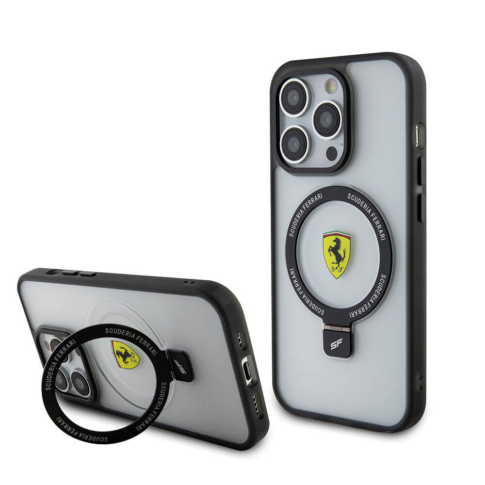 Ferrari iPhone 15 Pro Max M-safe Şarj Özellikli Standlı Buzlu Yüzey Dizayn Kılıf