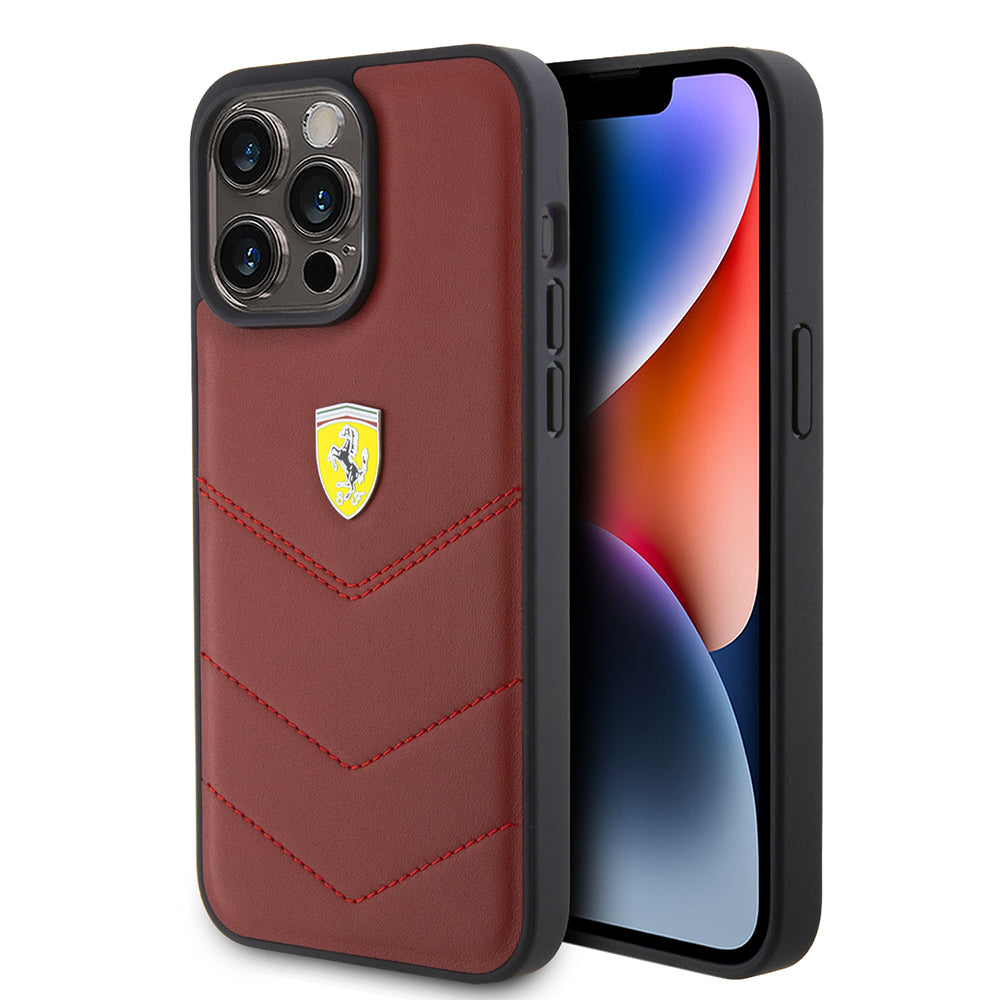 Ferrari iPhone 15 Pro Max Kılıf Orjinal Lisanslı Deri Dikişli Arka Yüzey Metal Logo Tasarımlı Kılıf