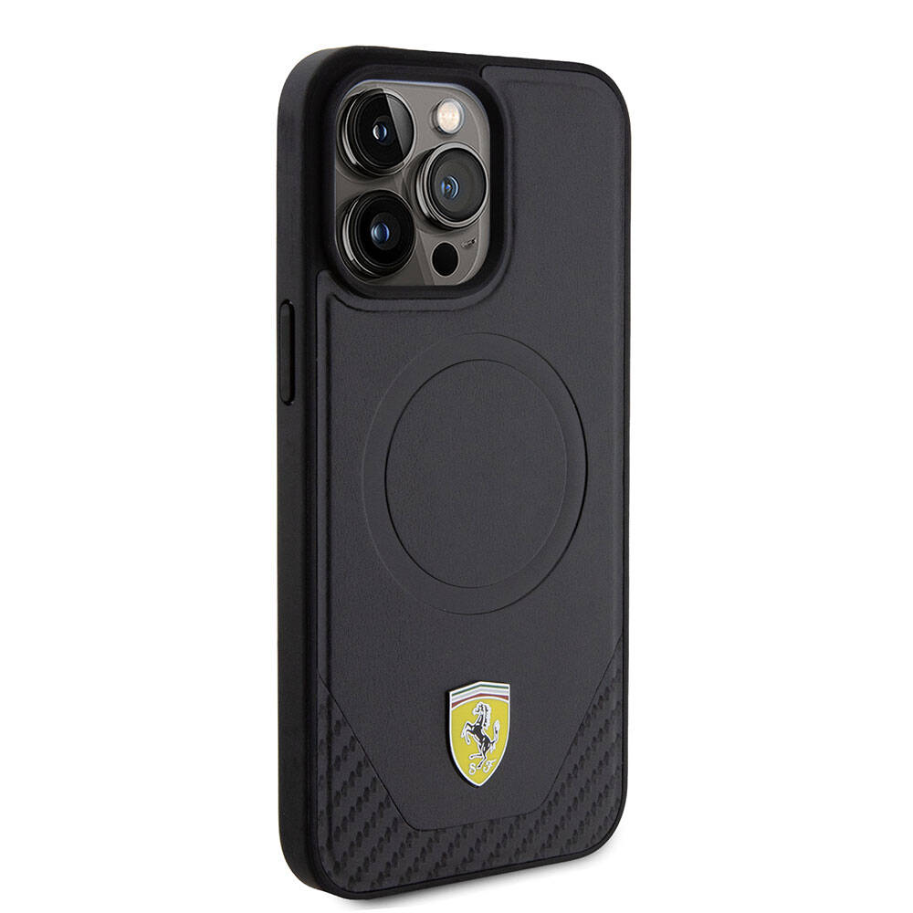 Ferrari iPhone 15 Pro Max Orjinal Lisanslı M-safe Şarj Özellikli Metal Logolu PU Karbon Kılıf