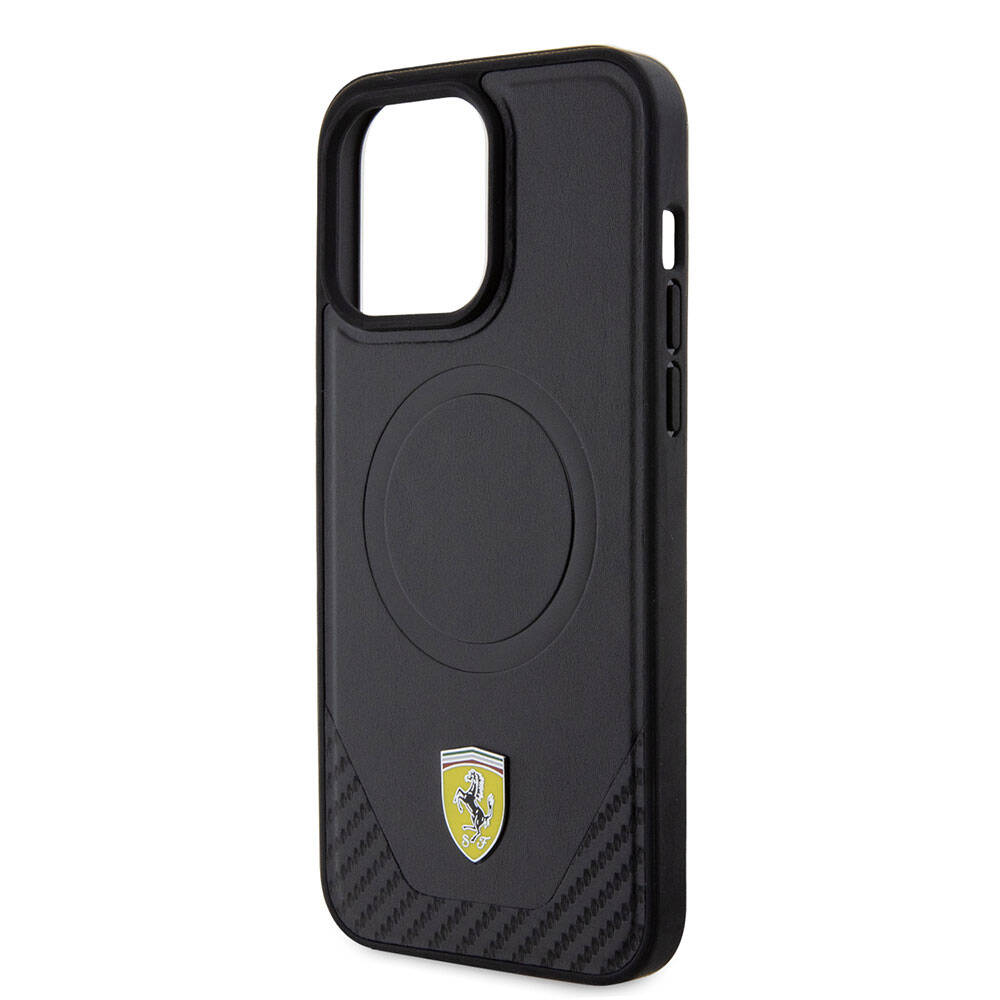Ferrari iPhone 15 Pro Max Orjinal Lisanslı M-safe Şarj Özellikli Metal Logolu PU Karbon Kılıf