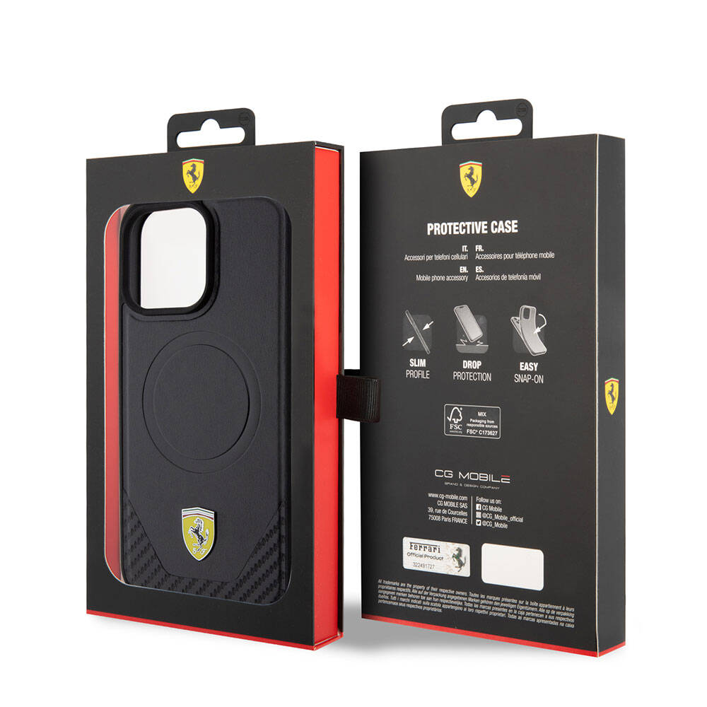 Ferrari iPhone 15 Pro Max Orjinal Lisanslı M-safe Şarj Özellikli Metal Logolu PU Karbon Kılıf