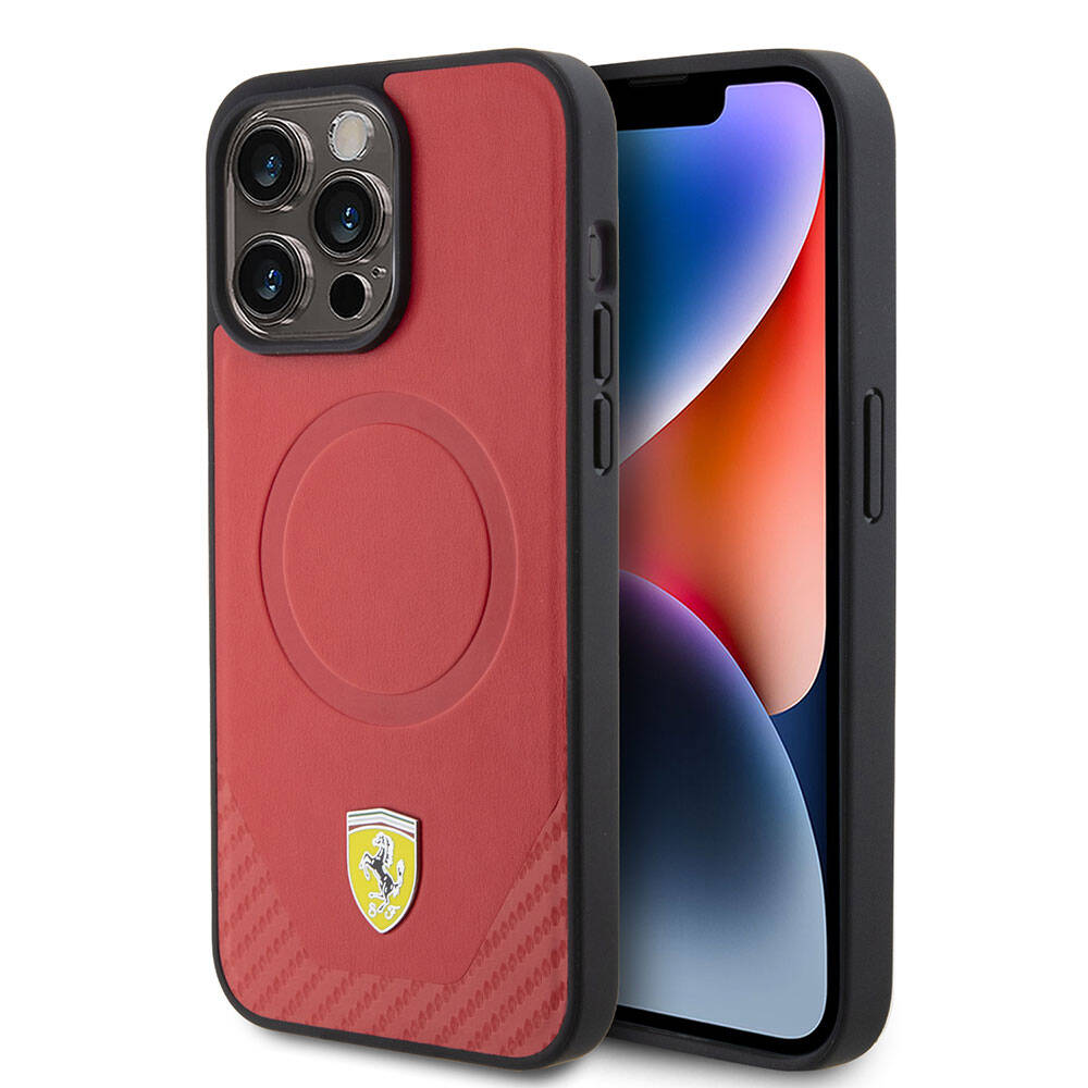 Ferrari iPhone 15 Pro Max Orjinal Lisanslı M-safe Şarj Özellikli Metal Logolu PU Karbon Kılıf