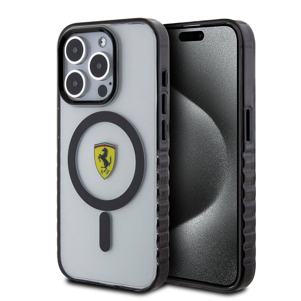 Ferrari iPhone 15 Pro Max Orjinal Lisanslı M-safe Şarj Özellikli Tırtıklı Kenar Tasarımlı Ortalanmış Logo Kılıf