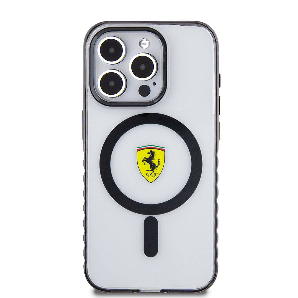 Ferrari iPhone 15 Pro Max Orjinal Lisanslı M-safe Şarj Özellikli Tırtıklı Kenar Tasarımlı Ortalanmış Logo Kılıf