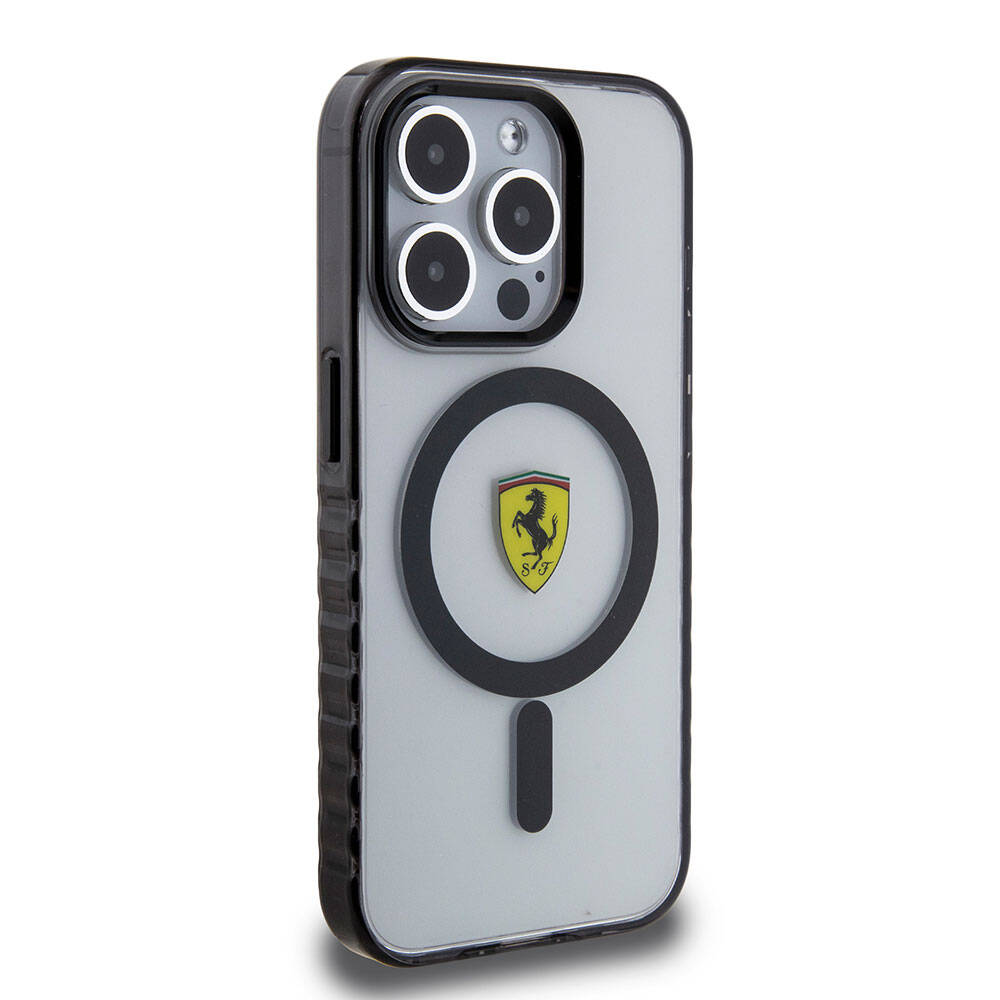 Ferrari iPhone 15 Pro Max Orjinal Lisanslı M-safe Şarj Özellikli Tırtıklı Kenar Tasarımlı Ortalanmış Logo Kılıf