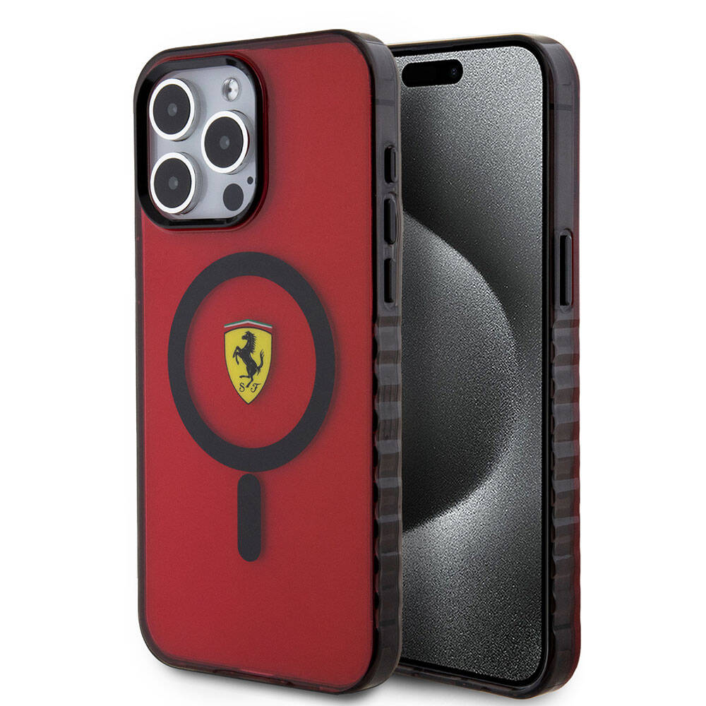 Ferrari iPhone 15 Pro Max Orjinal Lisanslı M-safe Şarj Özellikli Tırtıklı Kenar Tasarımlı Ortalanmış Logo Kılıf