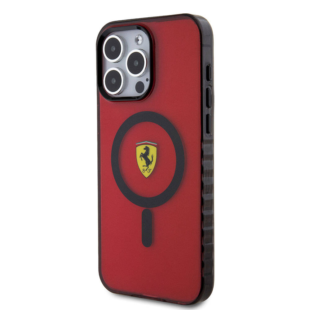 Ferrari iPhone 15 Pro Max Orjinal Lisanslı M-safe Şarj Özellikli Tırtıklı Kenar Tasarımlı Ortalanmış Logo Kılıf