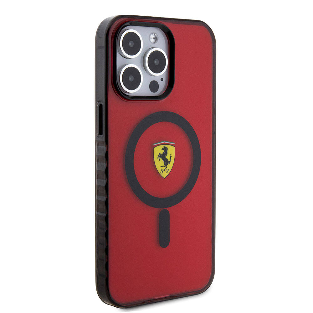 Ferrari iPhone 15 Pro Max Orjinal Lisanslı M-safe Şarj Özellikli Tırtıklı Kenar Tasarımlı Ortalanmış Logo Kılıf