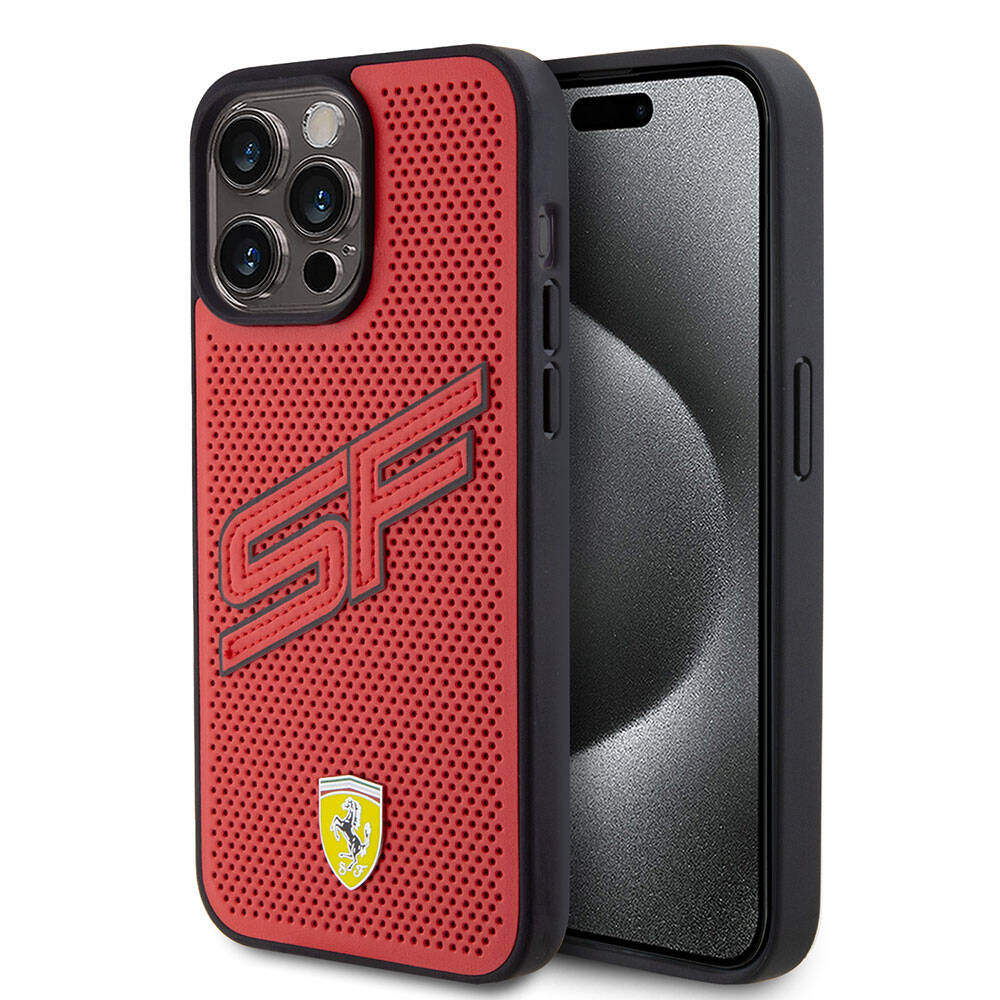 Ferrari iPhone 15 Pro Max Orjinal Lisanslı PU Delikli Arka Yüzey Metal Logolu Dikişli Büyük SF Yazılı Kılıf