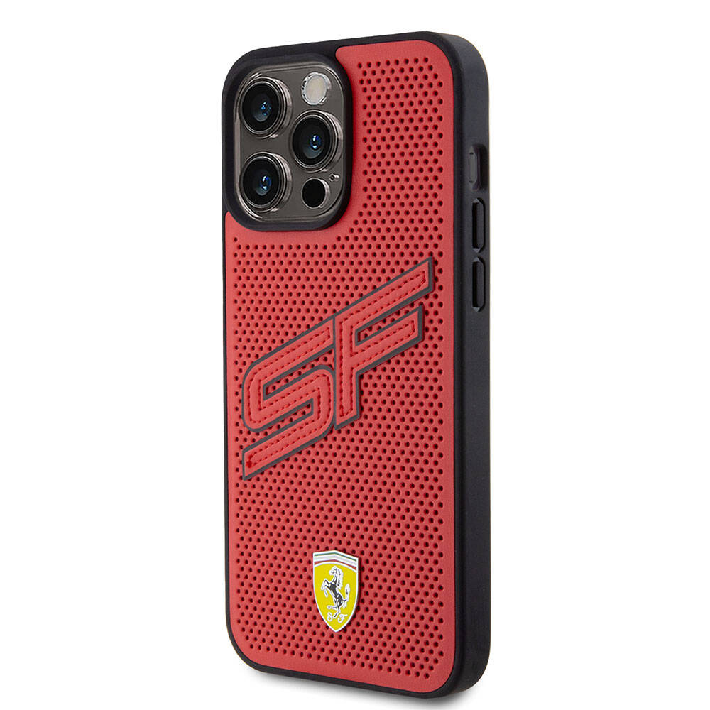 Ferrari iPhone 15 Pro Max Orjinal Lisanslı PU Delikli Arka Yüzey Metal Logolu Dikişli Büyük SF Yazılı Kılıf