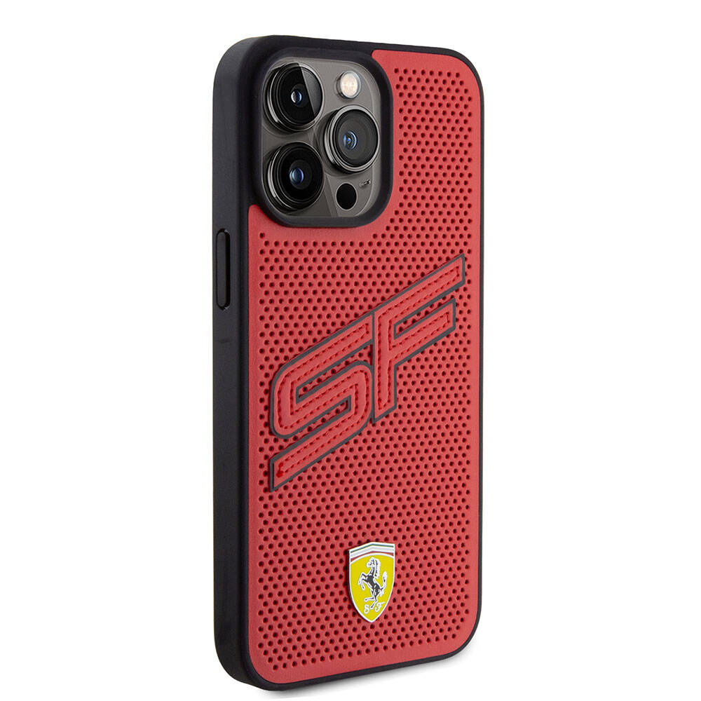 Ferrari iPhone 15 Pro Max Orjinal Lisanslı PU Delikli Arka Yüzey Metal Logolu Dikişli Büyük SF Yazılı Kılıf