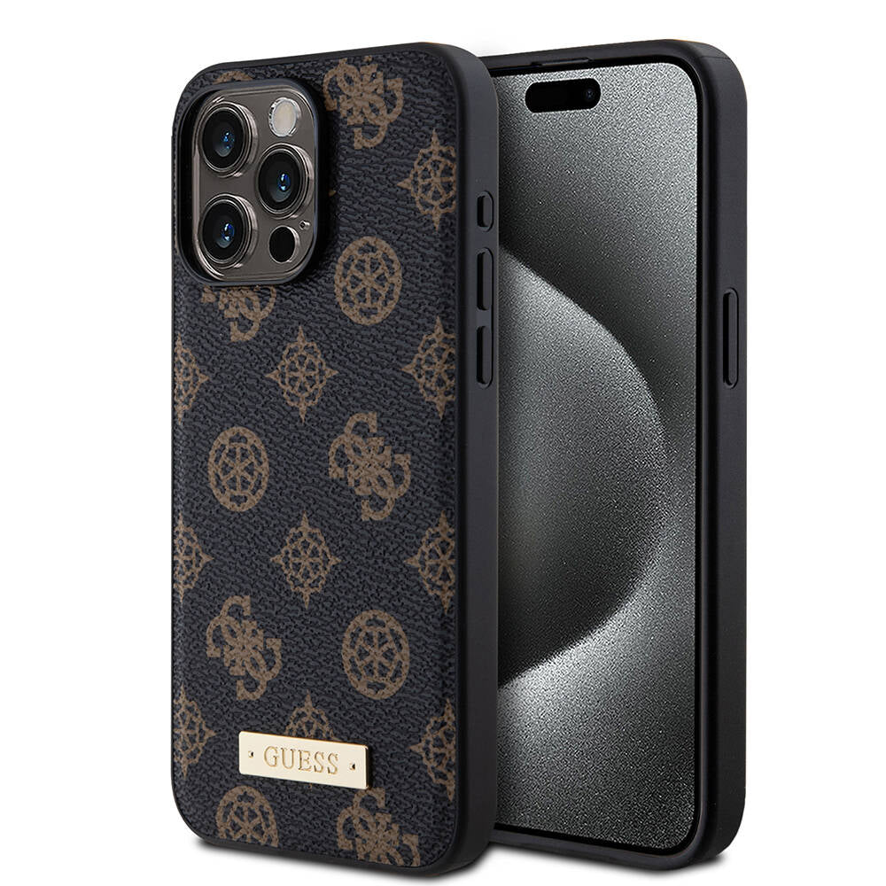 Guess iPhone 15 Pro Max M-safe Şarj Özellikli PU Deri Desenli Metal Plaka Logolu Kılıf