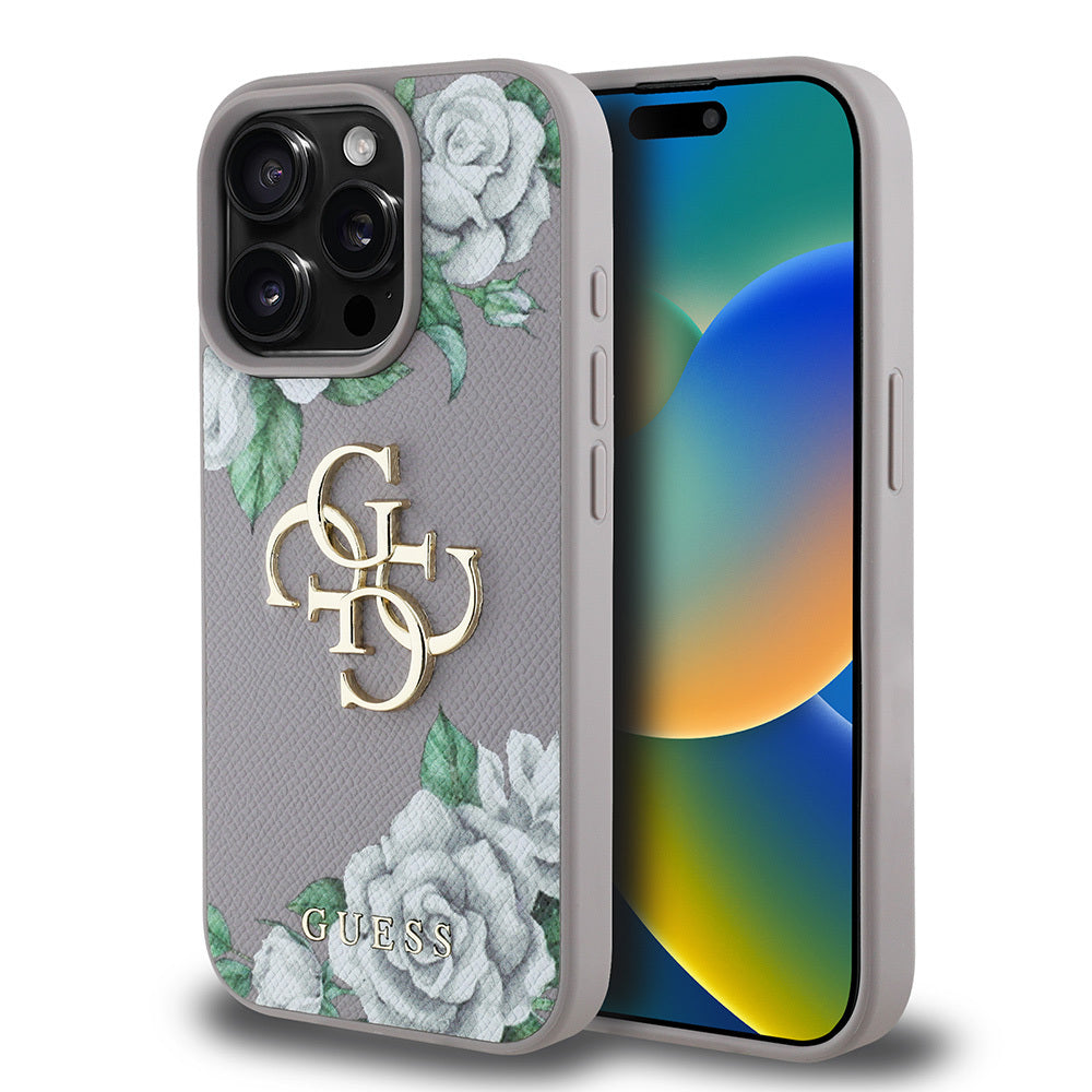 Guess iPhone 15 Pro Max Orjinal Lisanslı Gül Baskılı Büyük Metal Logo Dizaynlı Kılıf