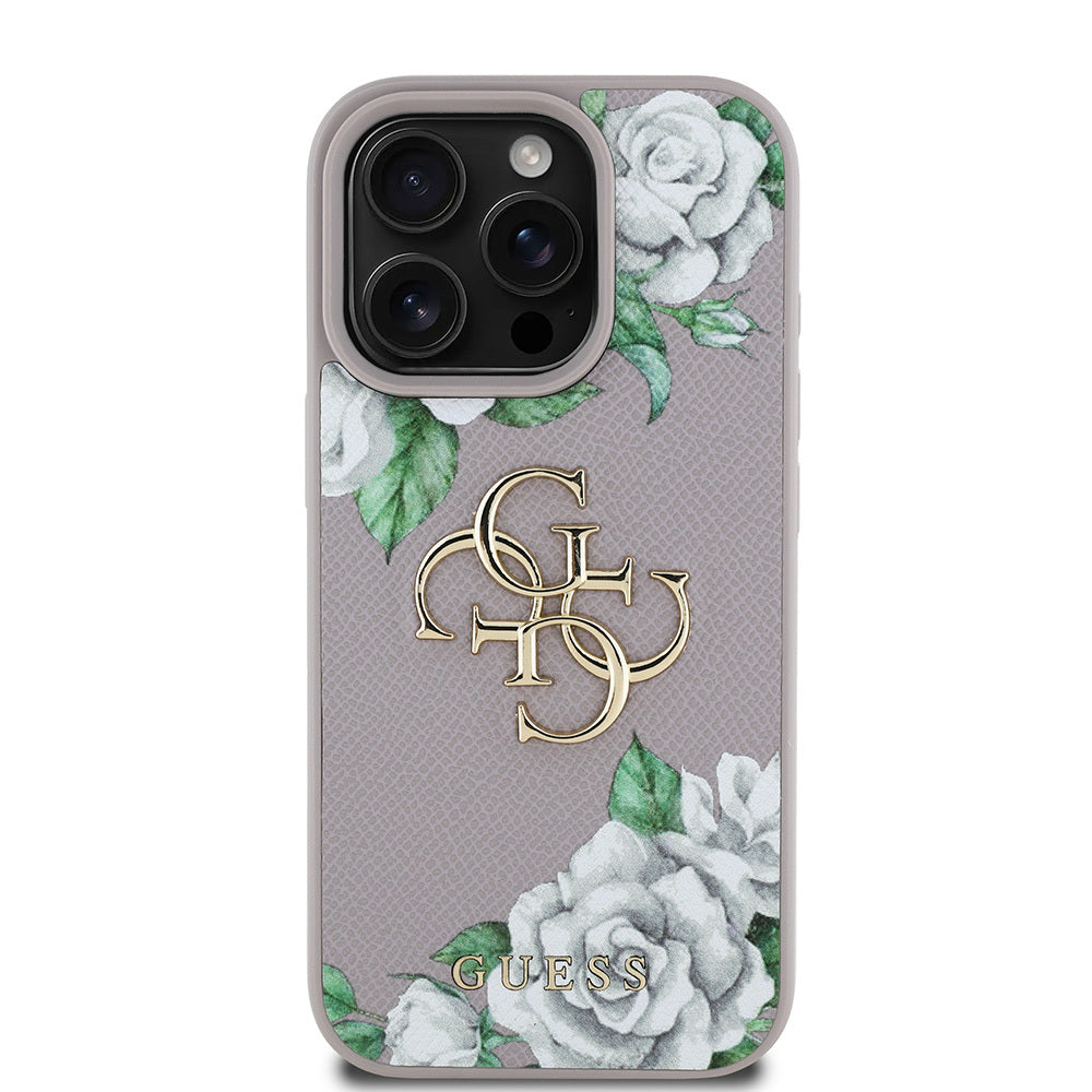 Guess iPhone 15 Pro Max Orjinal Lisanslı Gül Baskılı Büyük Metal Logo Dizaynlı Kılıf