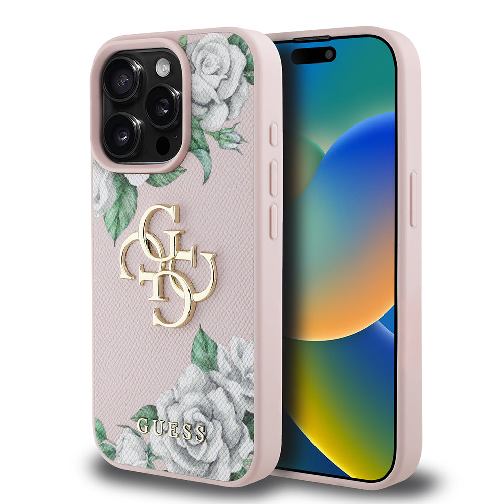 Guess iPhone 15 Pro Max Orjinal Lisanslı Gül Baskılı Büyük Metal Logo Dizaynlı Kılıf