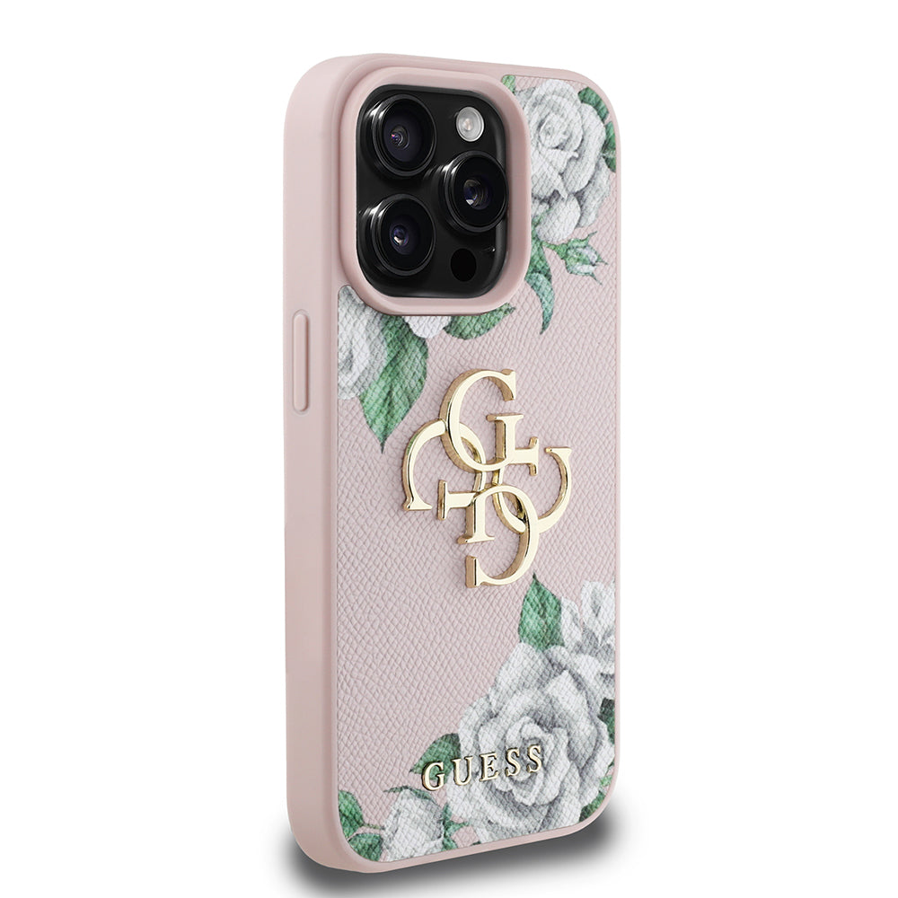 Guess iPhone 15 Pro Max Orjinal Lisanslı Gül Baskılı Büyük Metal Logo Dizaynlı Kılıf