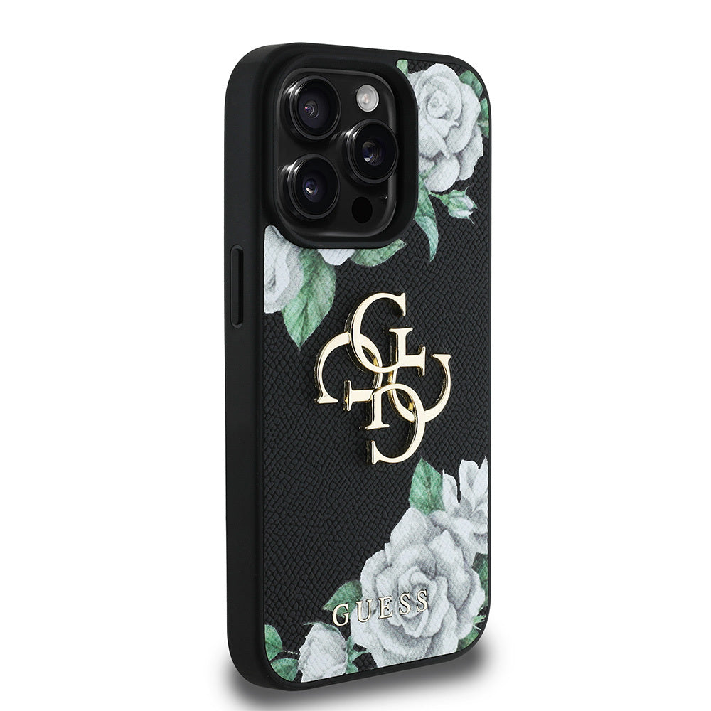 Guess iPhone 15 Pro Max Orjinal Lisanslı Gül Baskılı Büyük Metal Logo Dizaynlı Kılıf