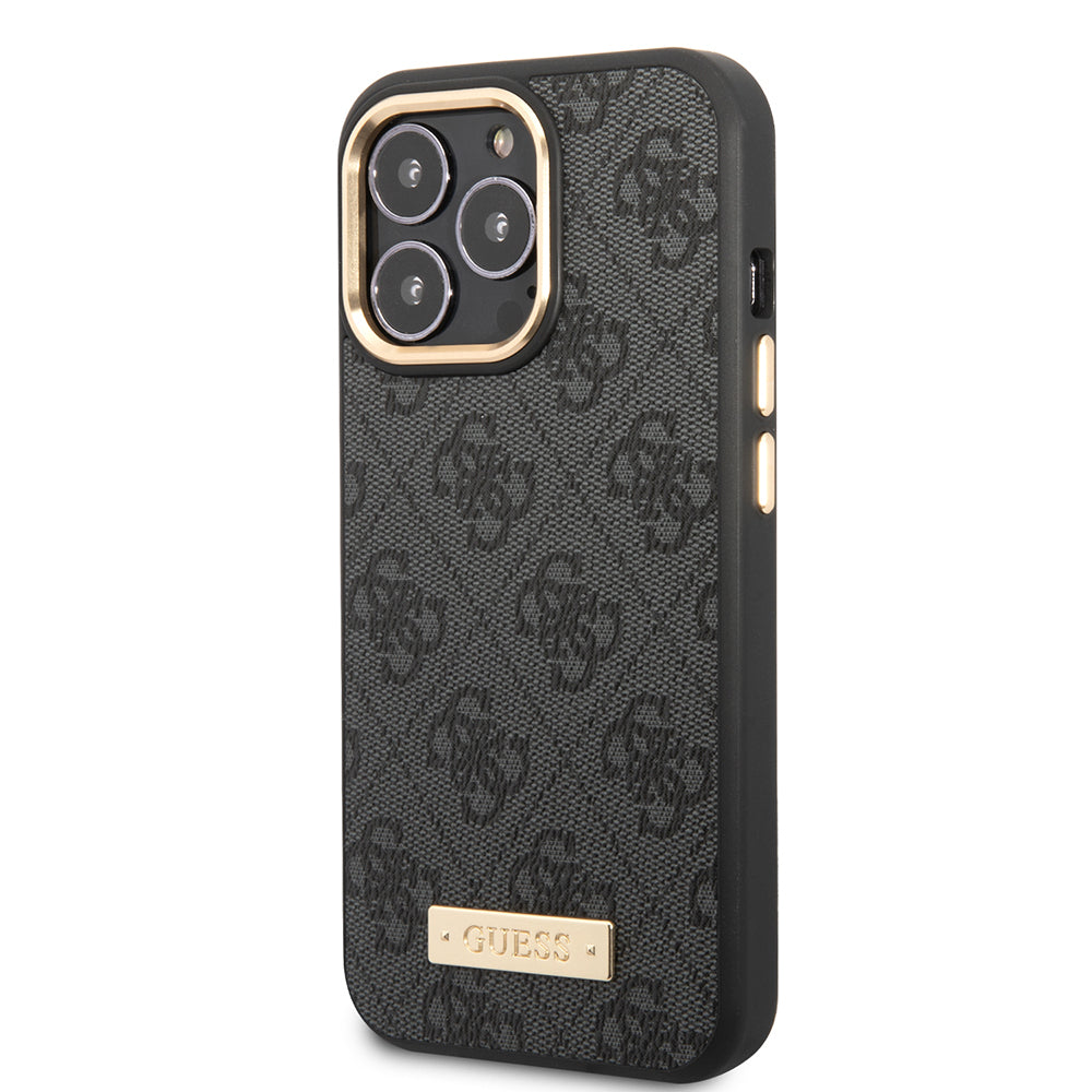 Guess iPhone 15 Pro Max Orjinal Lisanslı Masafe 4G Desenli PU Metal Plaka Klasik Logolu Kılıf