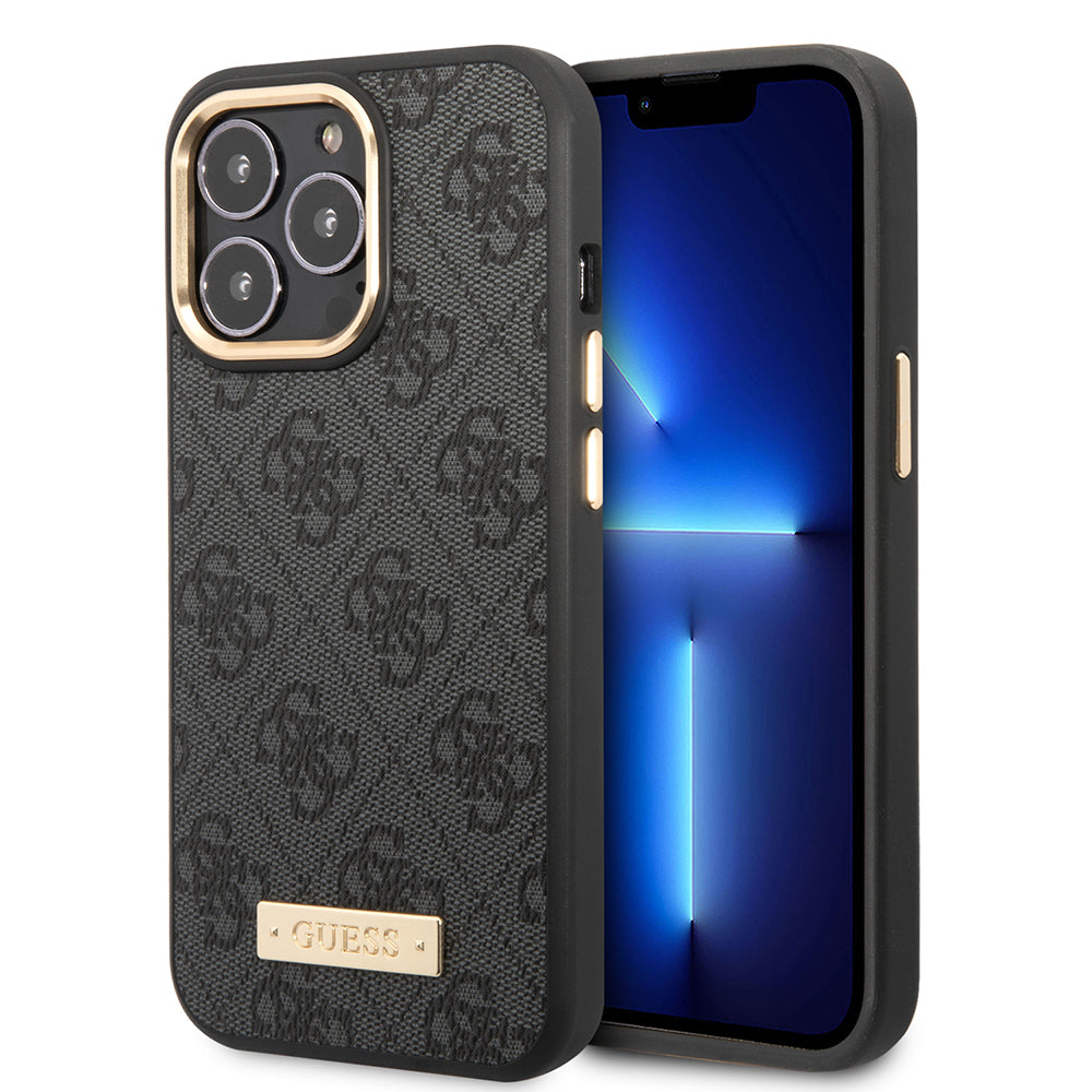 Guess iPhone 15 Pro Max Orjinal Lisanslı Masafe 4G Desenli PU Metal Plaka Klasik Logolu Kılıf