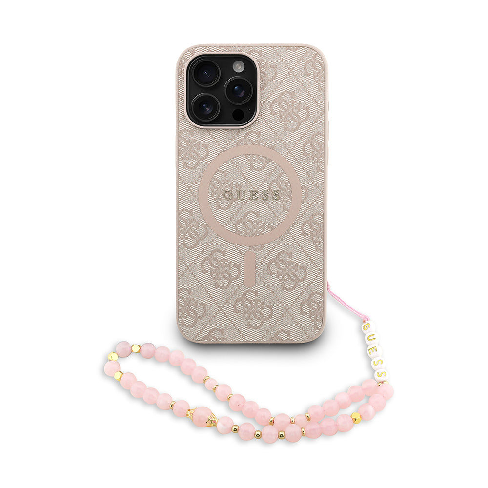 Guess iPhone 15 Pro Max Orjinal Lisanslı Magsafe PU Deri Bilek Askı İpli Yazı Logolu Telefon Kılıfı