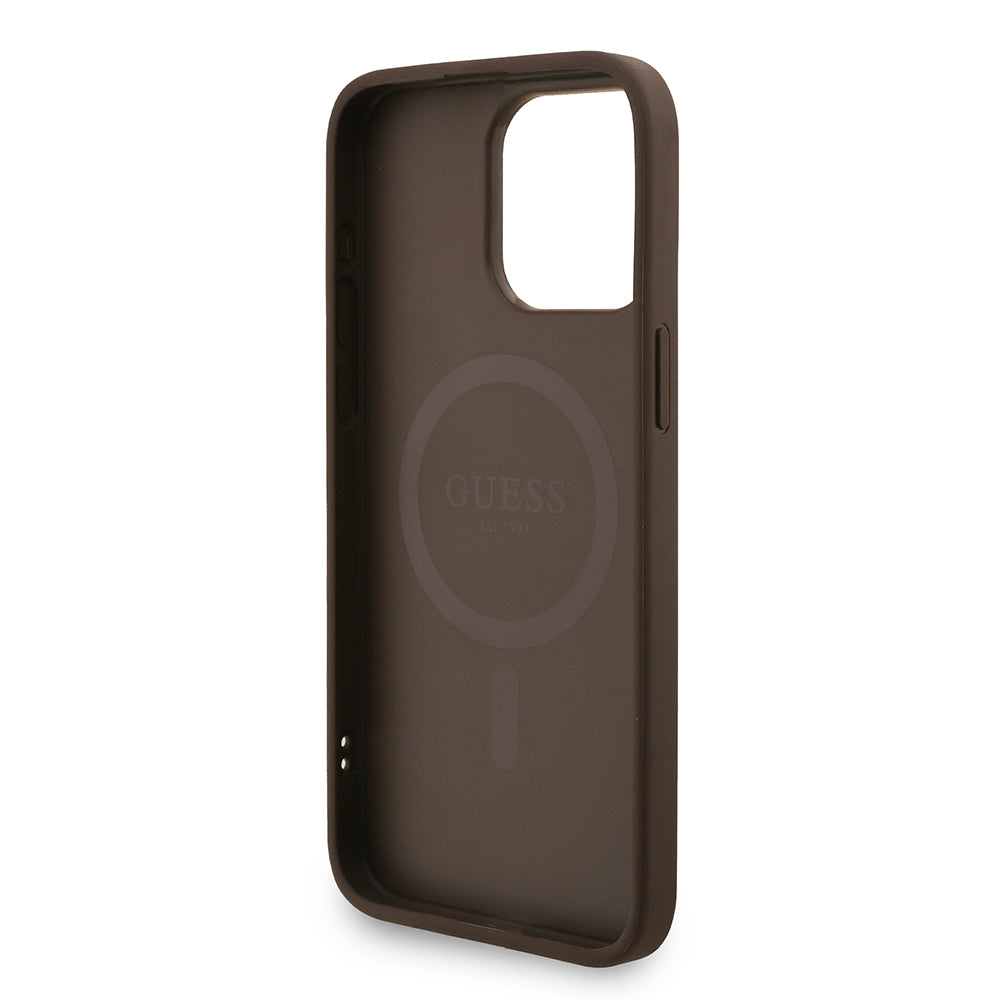 Guess iPhone 15 Pro Max Orjinal Lisanslı Magsafe PU Deri Bilek Askı İpli Yazı Logolu Telefon Kılıfı