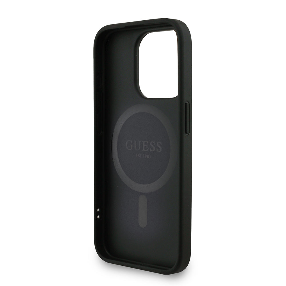 Guess iPhone 15 Pro Max Orjinal Lisanslı Magsafe PU Deri Bilek Askı İpli Yazı Logolu Telefon Kılıfı