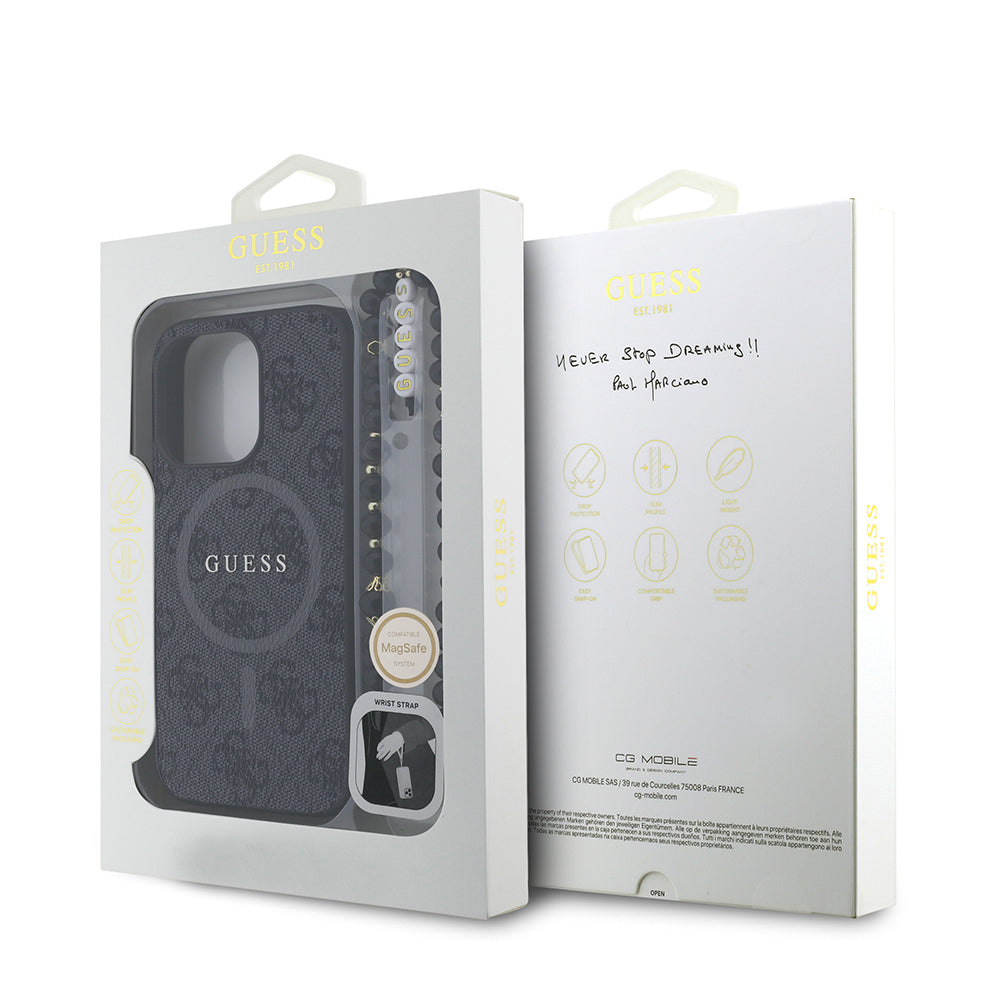 Guess iPhone 15 Pro Max Orjinal Lisanslı Magsafe PU Deri Bilek Askı İpli Yazı Logolu Telefon Kılıfı
