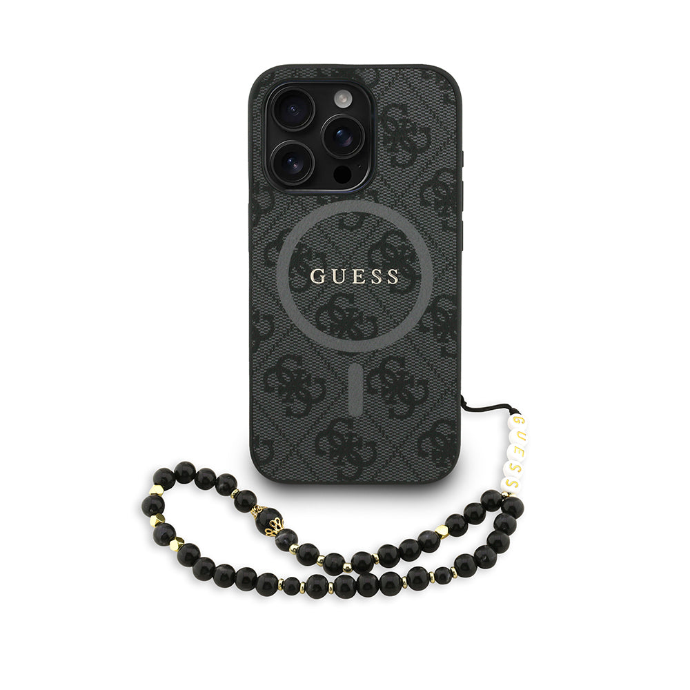 Guess iPhone 15 Pro Max Orjinal Lisanslı Magsafe PU Deri Bilek Askı İpli Yazı Logolu Telefon Kılıfı