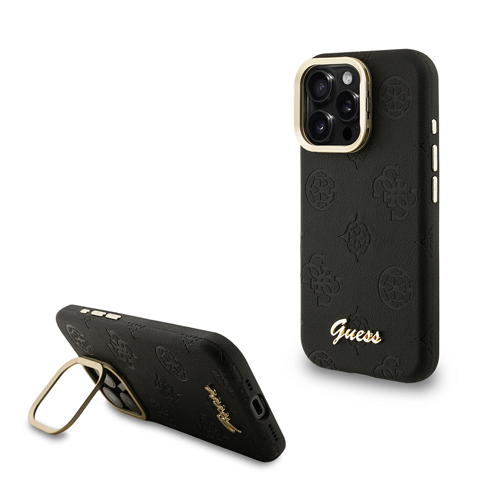 Guess iPhone 15 Pro Max Orjinal Lisanslı Magsafe Sıcak Baskılı Yazı Logolu Kamera Standlı PU Deri Peony Telefon Kılıfı