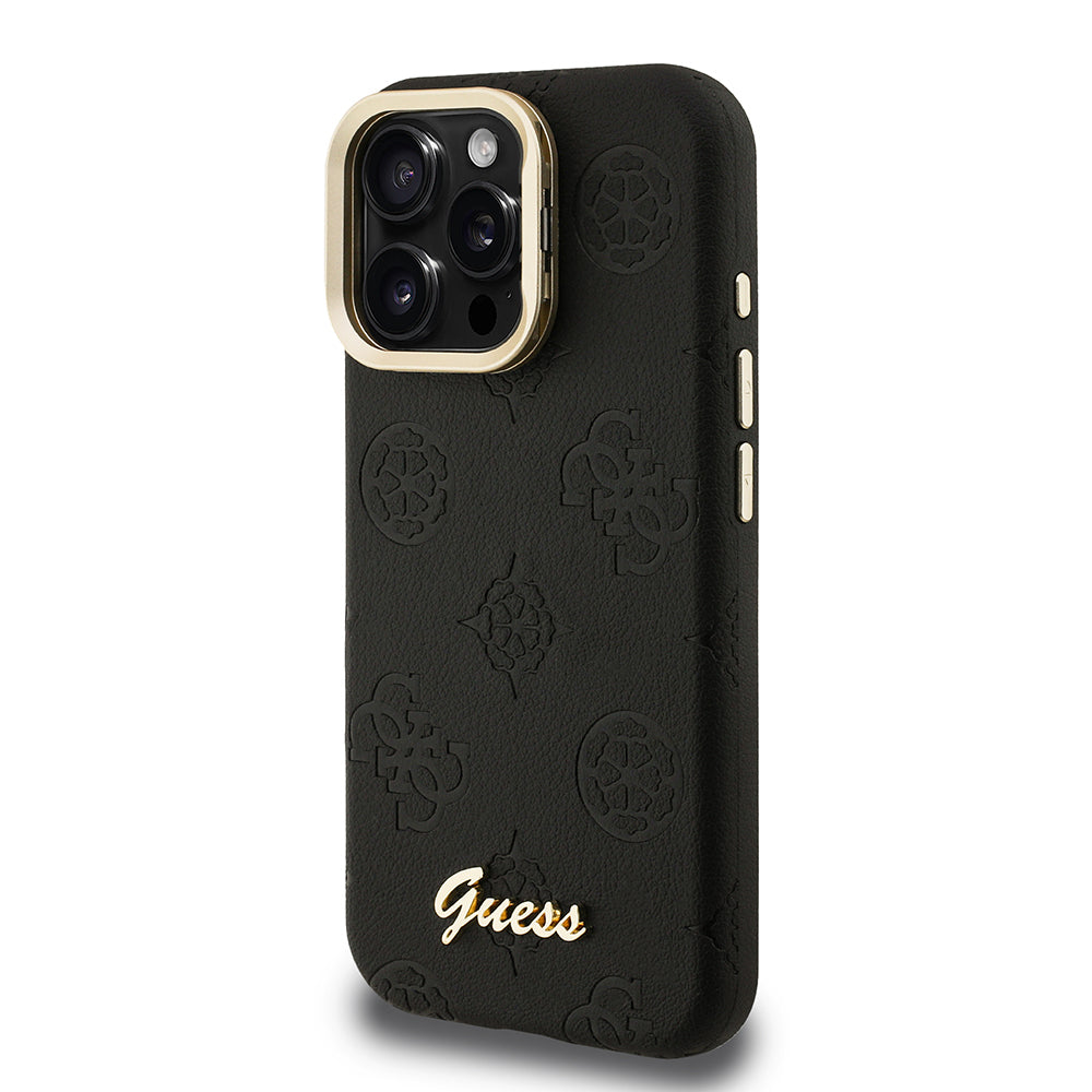 Guess iPhone 15 Pro Max Orjinal Lisanslı Magsafe Sıcak Baskılı Yazı Logolu Kamera Standlı PU Deri Peony Telefon Kılıfı