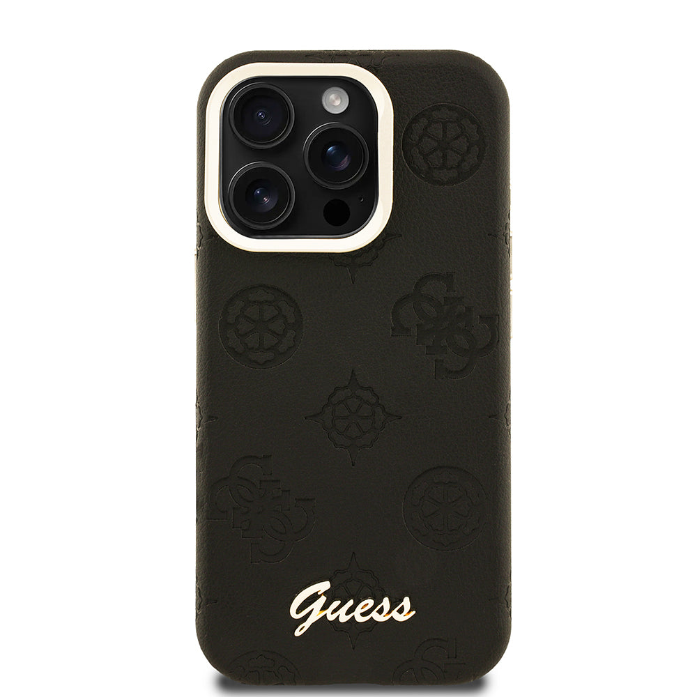Guess iPhone 15 Pro Max Orjinal Lisanslı Magsafe Sıcak Baskılı Yazı Logolu Kamera Standlı PU Deri Peony Telefon Kılıfı