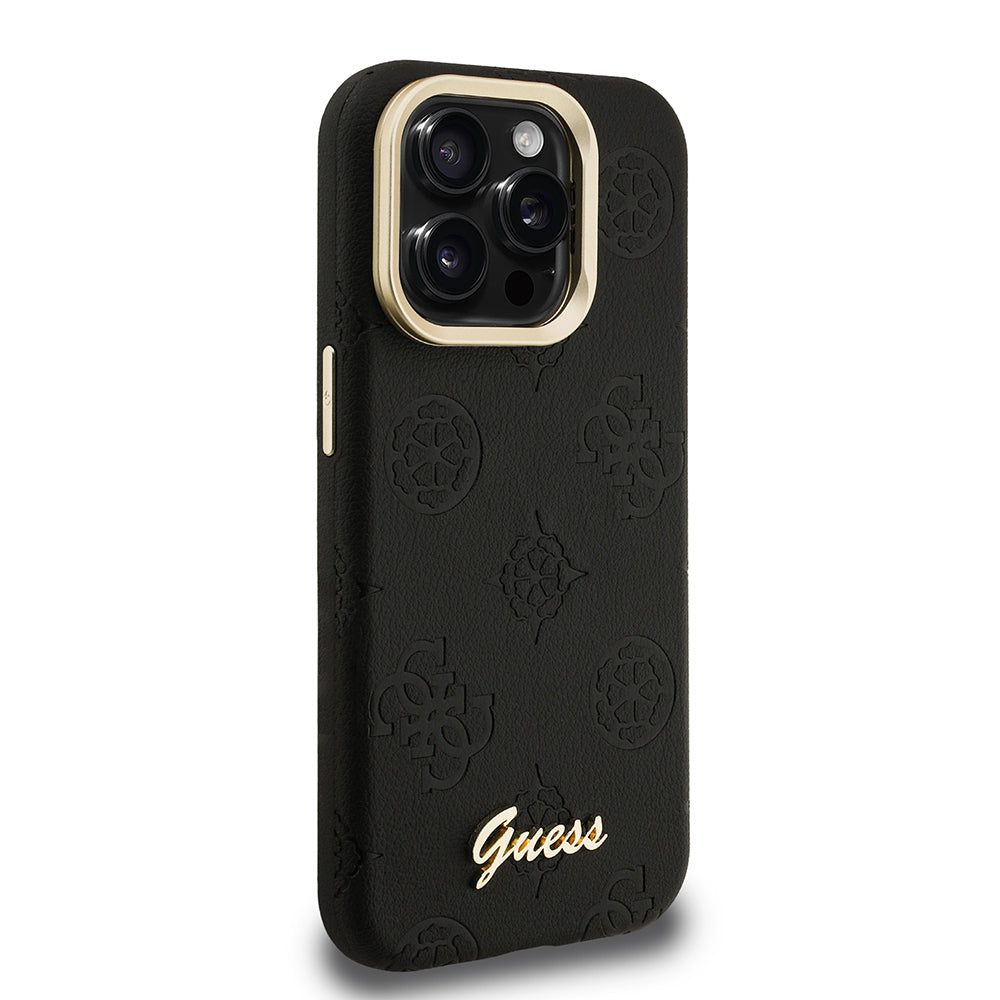 Guess iPhone 15 Pro Max Orjinal Lisanslı Magsafe Sıcak Baskılı Yazı Logolu Kamera Standlı PU Deri Peony Telefon Kılıfı