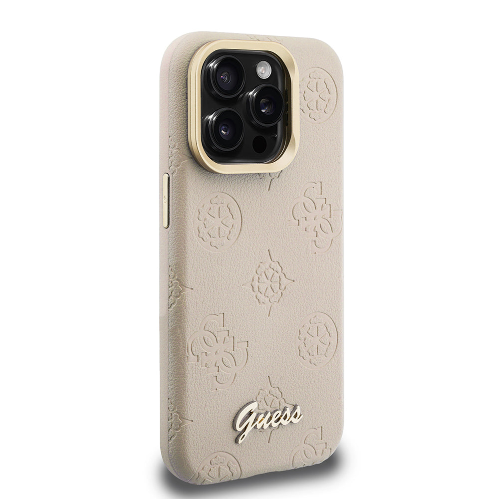 Guess iPhone 15 Pro Max Orjinal Lisanslı Magsafe Sıcak Baskılı Yazı Logolu Kamera Standlı PU Deri Peony Telefon Kılıfı