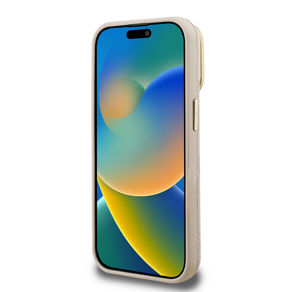 Guess iPhone 15 Pro Max Orjinal Lisanslı Magsafe Sıcak Baskılı Yazı Logolu Kamera Standlı PU Deri Peony Telefon Kılıfı