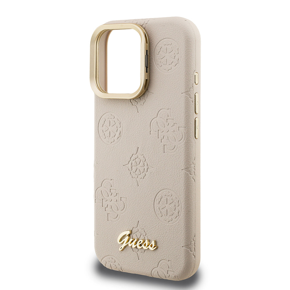 Guess iPhone 15 Pro Max Orjinal Lisanslı Magsafe Sıcak Baskılı Yazı Logolu Kamera Standlı PU Deri Peony Telefon Kılıfı