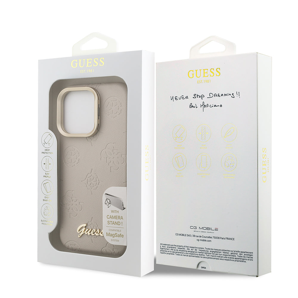 Guess iPhone 15 Pro Max Orjinal Lisanslı Magsafe Sıcak Baskılı Yazı Logolu Kamera Standlı PU Deri Peony Telefon Kılıfı