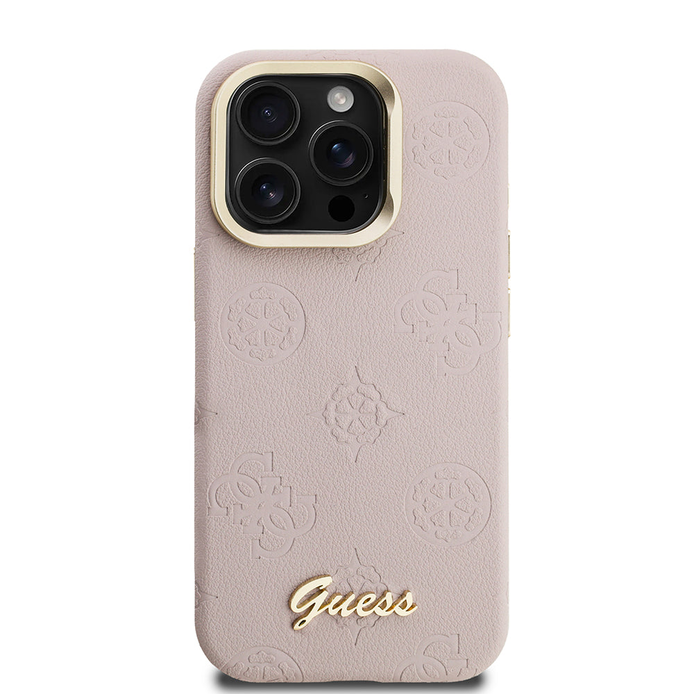 Guess iPhone 15 Pro Max Orjinal Lisanslı Magsafe Sıcak Baskılı Yazı Logolu Kamera Standlı PU Deri Peony Telefon Kılıfı
